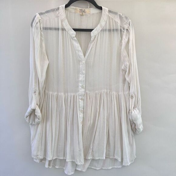 Thread & Supply Tops - Thread & Supply Women's White Metallic Gold Stripes Roll Tab Sleeve Blouse Small